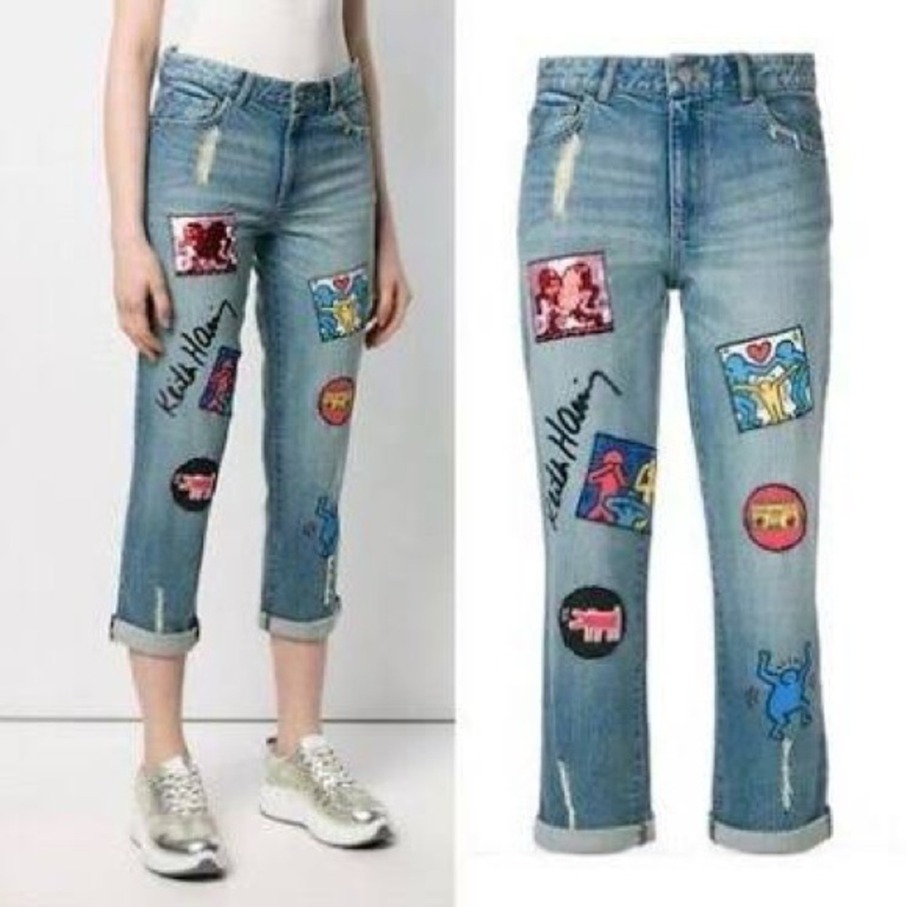 Alice + Olivia x Keith Haring Straight Leg Jeans with Colorful Graphic Patches